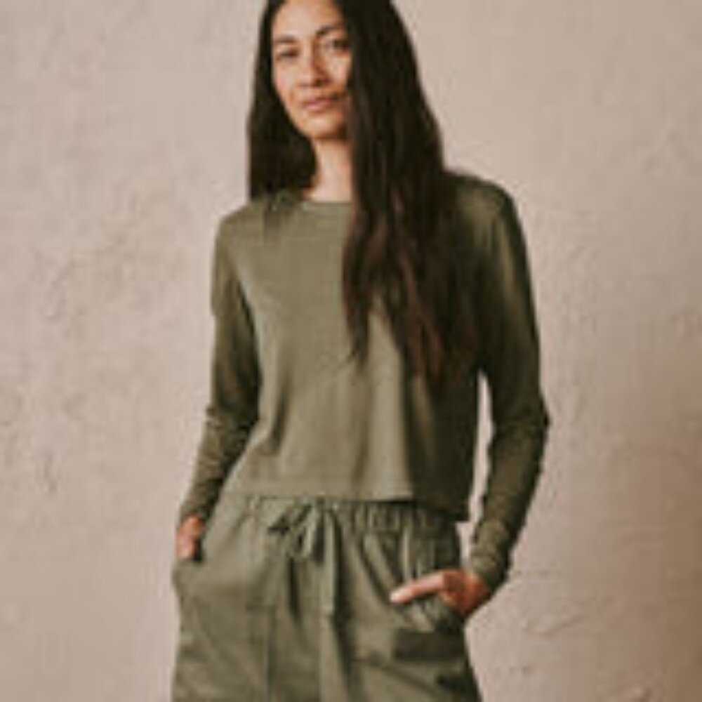 Buck Mason Burnt Olive Venice Wash Pima L/S Boxy Crew - XS women